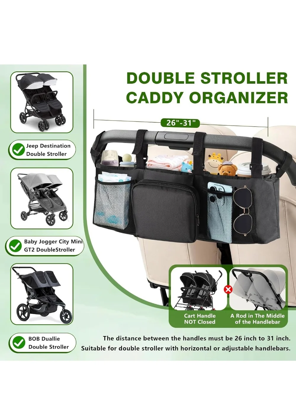 Black Twin Stroller Organizer Caddy - Universal Multi-Pocket Storage
